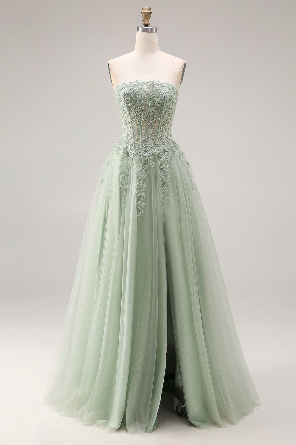 Dusty Green Tulle A-Line Corset Strapless Appliqued Long Prom Dress with Slit