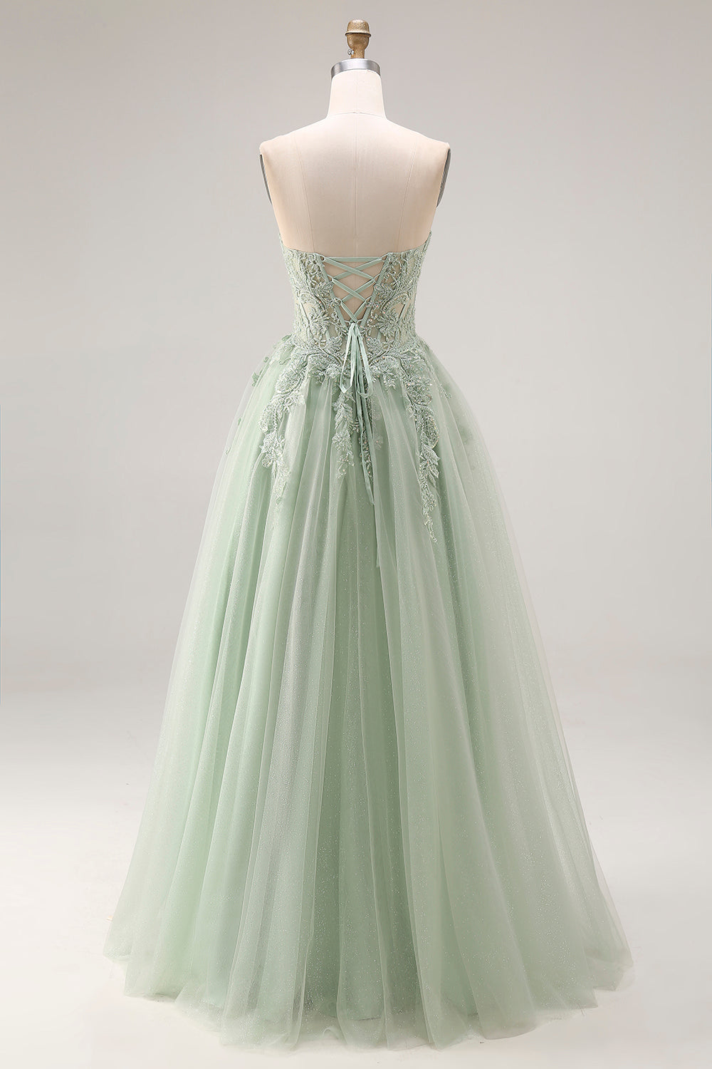 Dusty Green Tulle A-Line Corset Strapless Appliqued Long Prom Dress with Slit