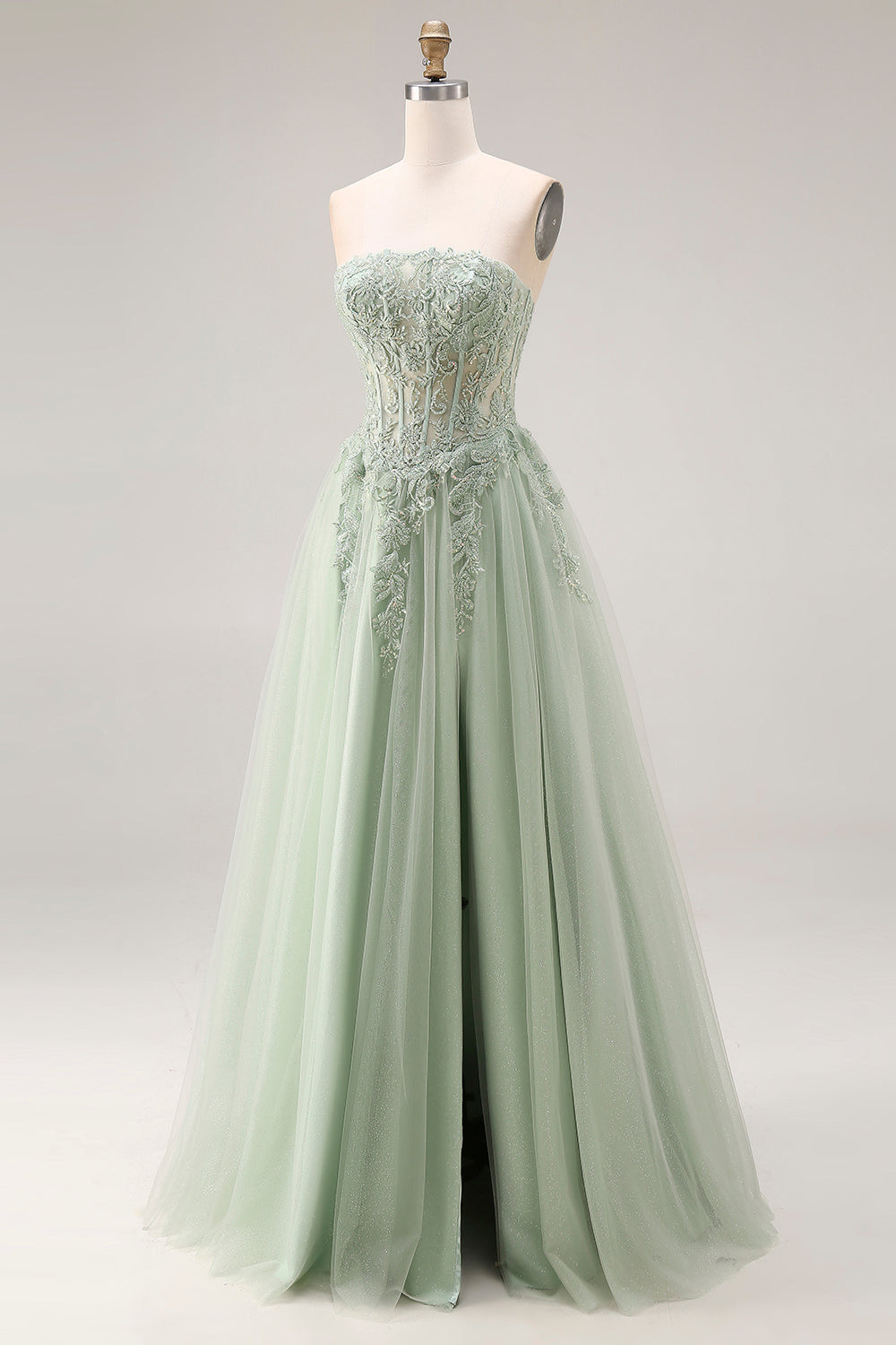 Dusty Green Tulle A-Line Corset Strapless Appliqued Long Prom Dress with Slit