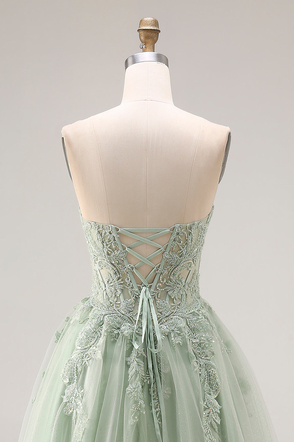 Dusty Green Tulle A-Line Corset Strapless Appliqued Long Prom Dress with Slit