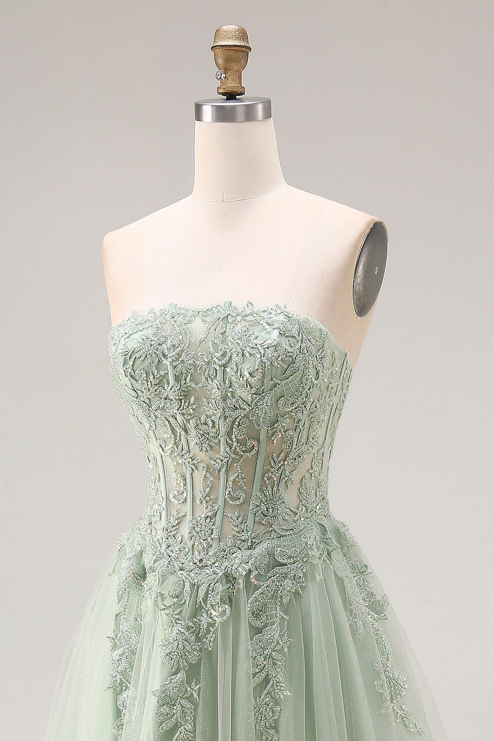 Dusty Green Tulle A-Line Corset Strapless Appliqued Long Prom Dress with Slit