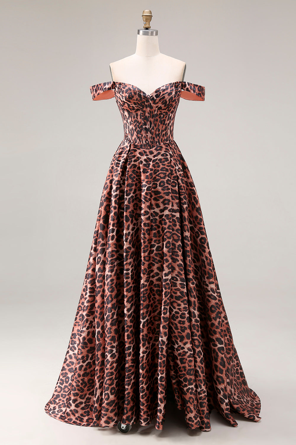 Coffee Leopard A-Line Off-the-Shoulder Long Prom Dress