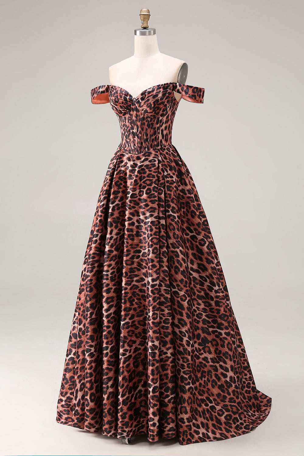 Coffee Leopard A-Line Off-the-Shoulder Long Prom Dress