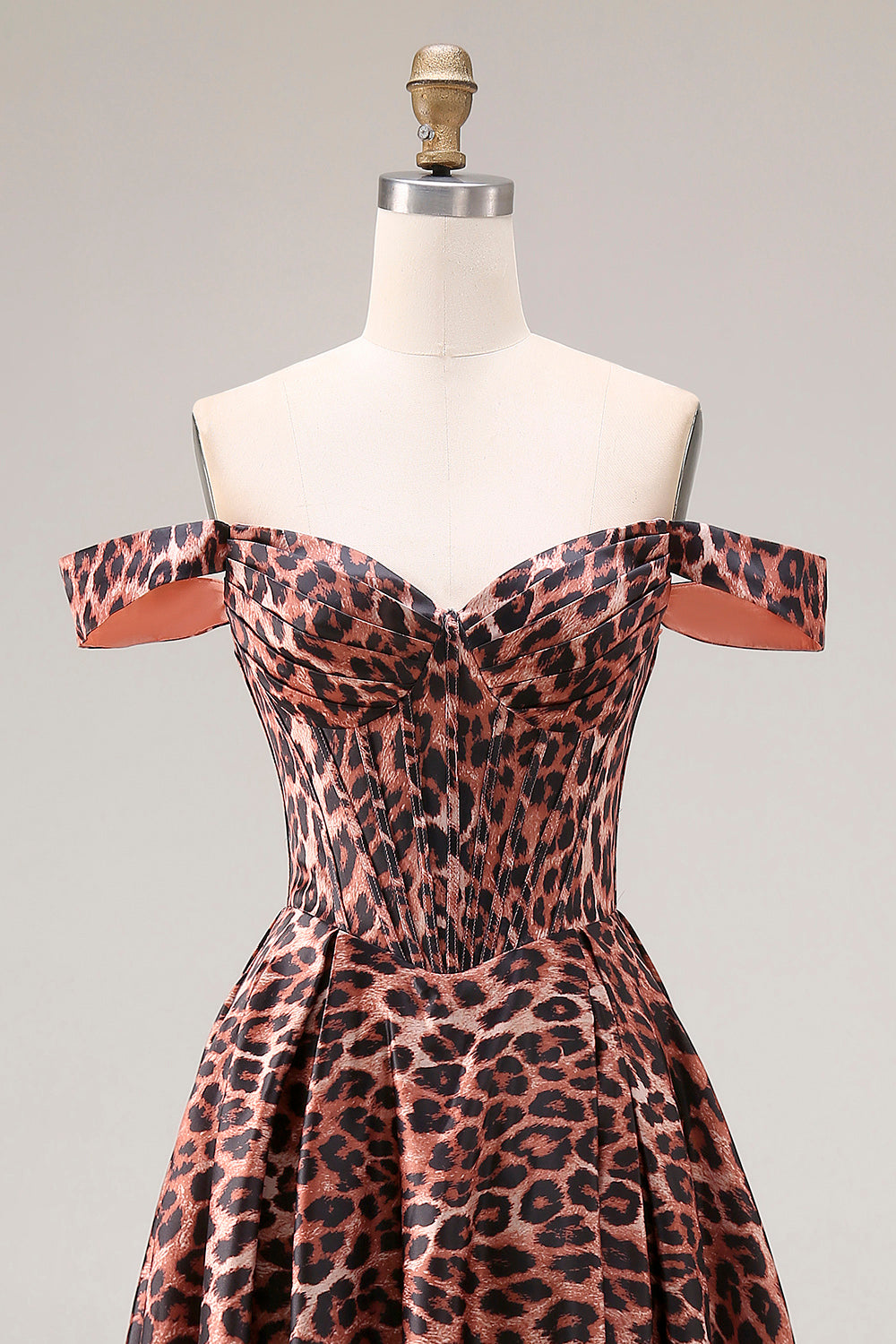 Coffee Leopard A-Line Off-the-Shoulder Long Prom Dress