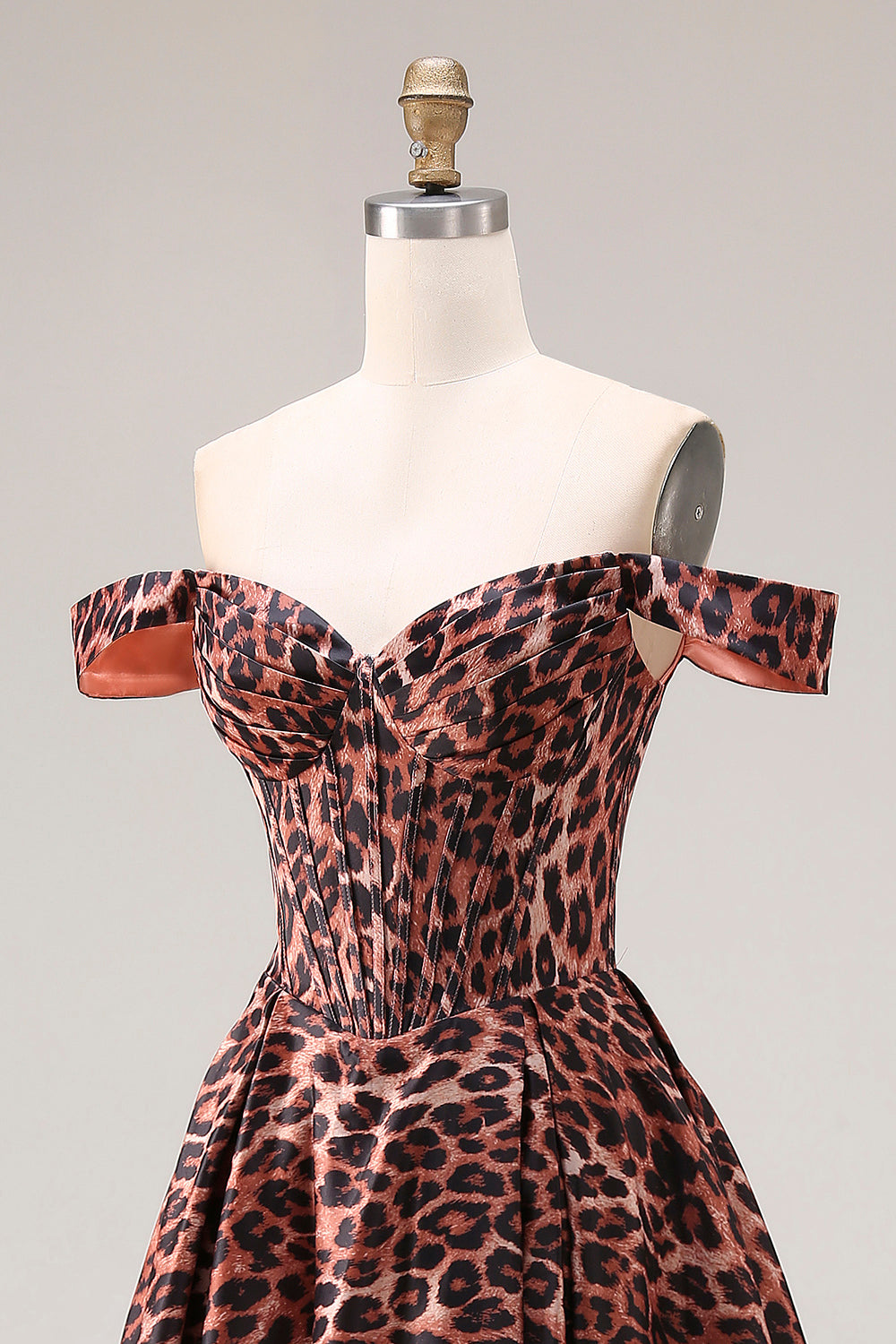 Coffee Leopard A-Line Off-the-Shoulder Long Prom Dress