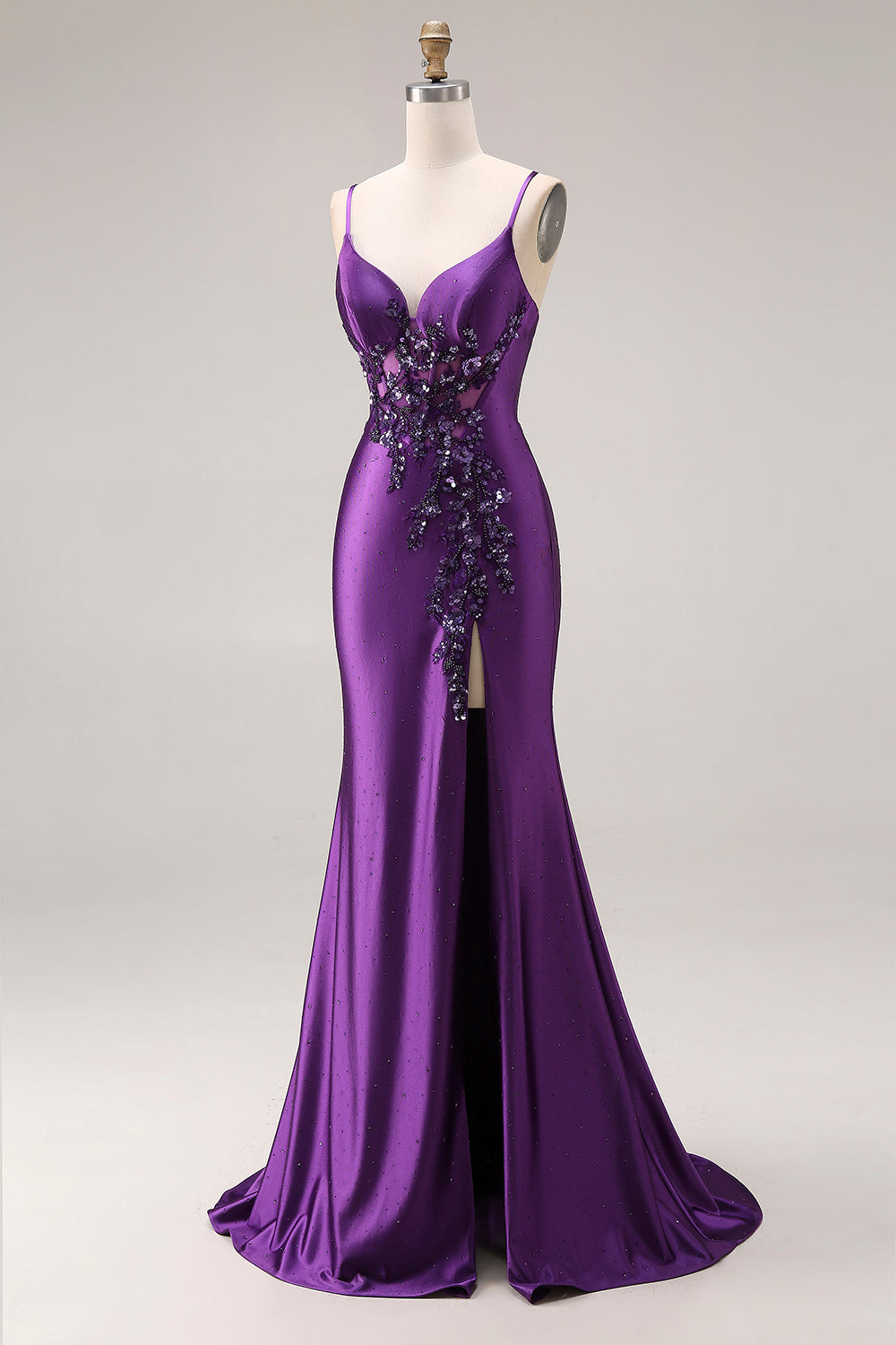 Purple Mermaid Spaghetti Straps Appliqued Long Prom Dress with Slit