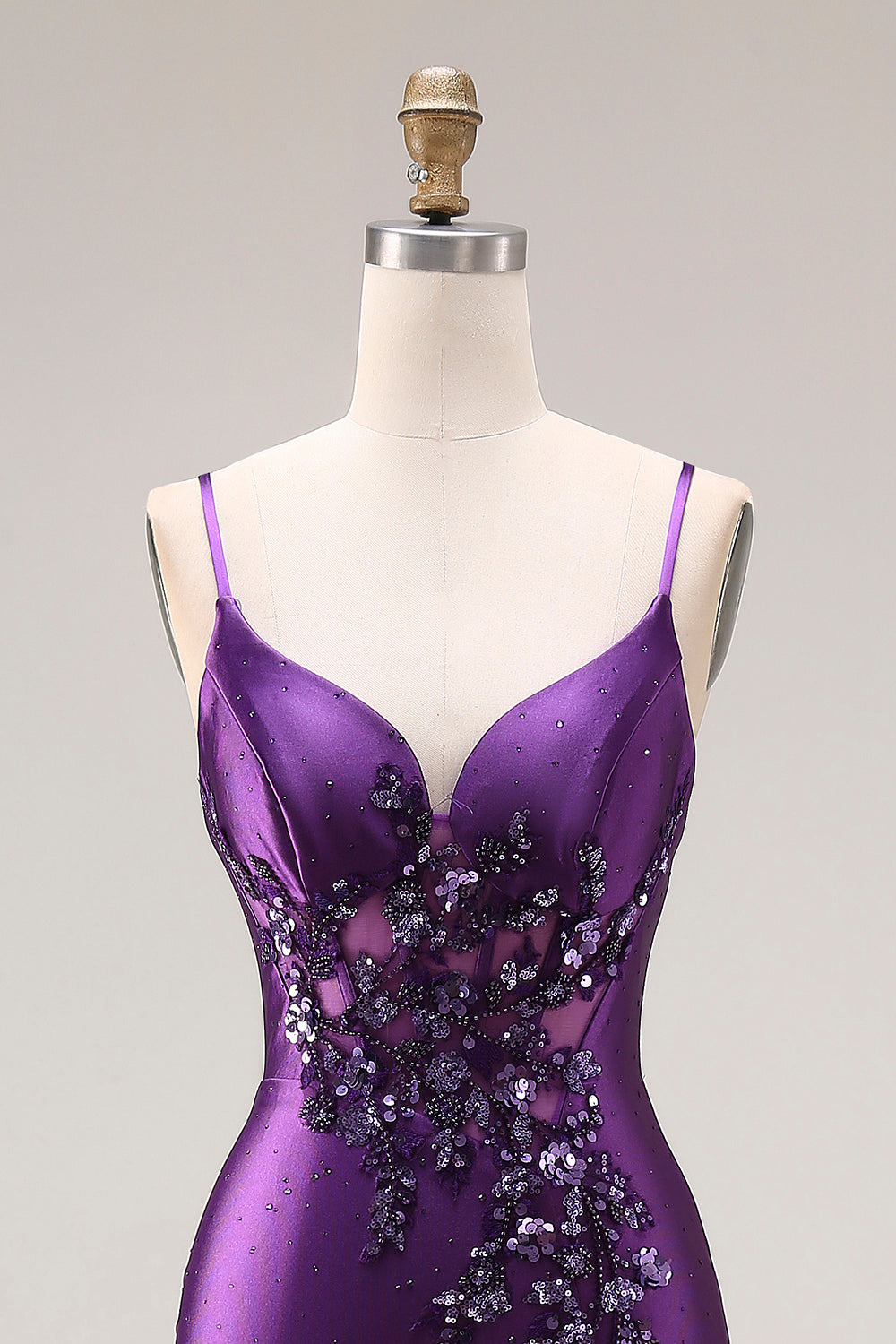 Purple Mermaid Spaghetti Straps Appliqued Long Prom Dress with Slit