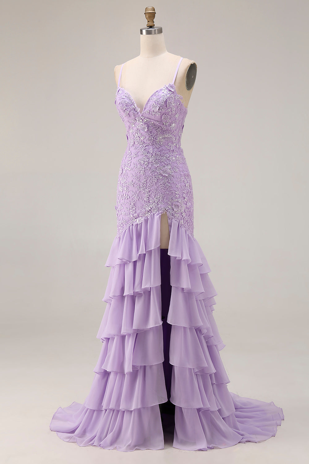 Robe de bal longue sirène violette à fines bretelles avec laçage au dos et fente à volants