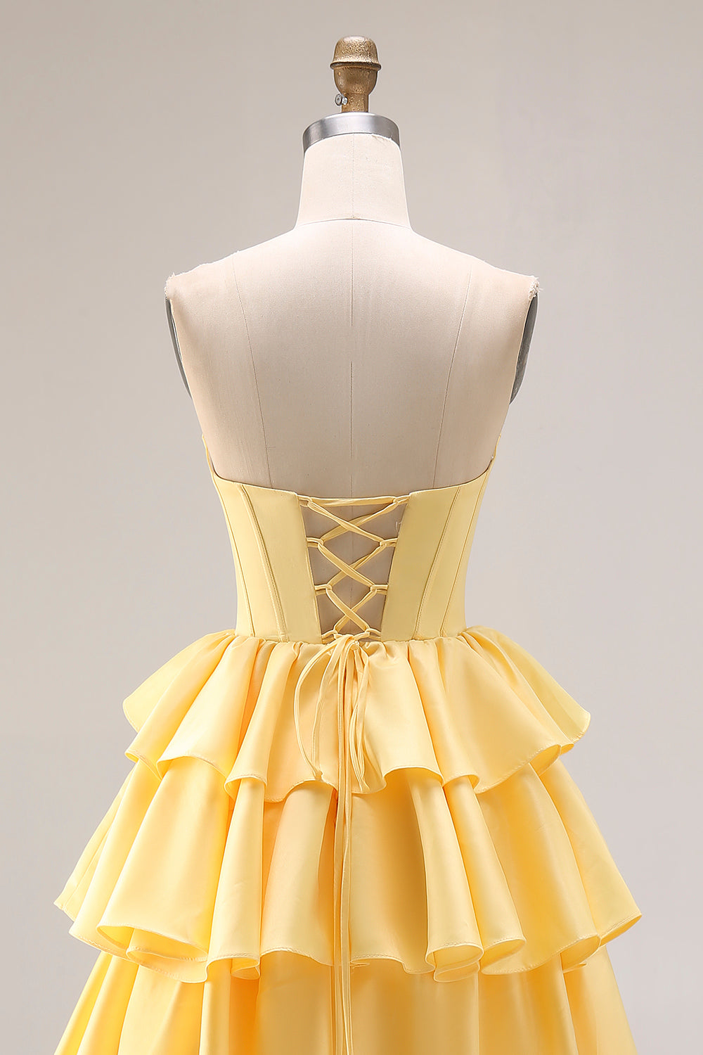 Yellow Sweetheart A-Line Tiered Corset Lace-Up Back Prom Dress with Slit