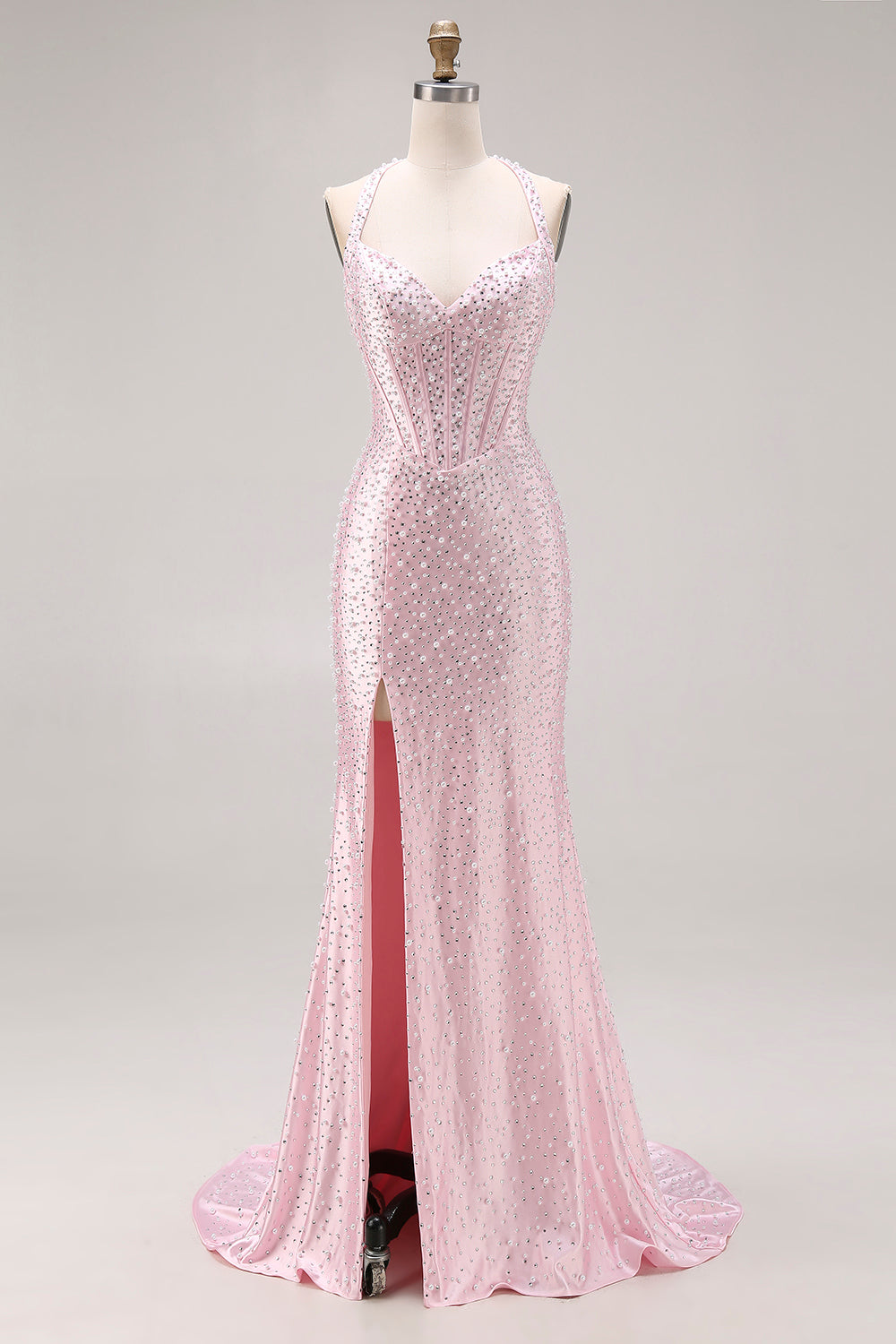 Light Pink Mermaid Beaded Halter Pearl Long Prom Dress with Slit