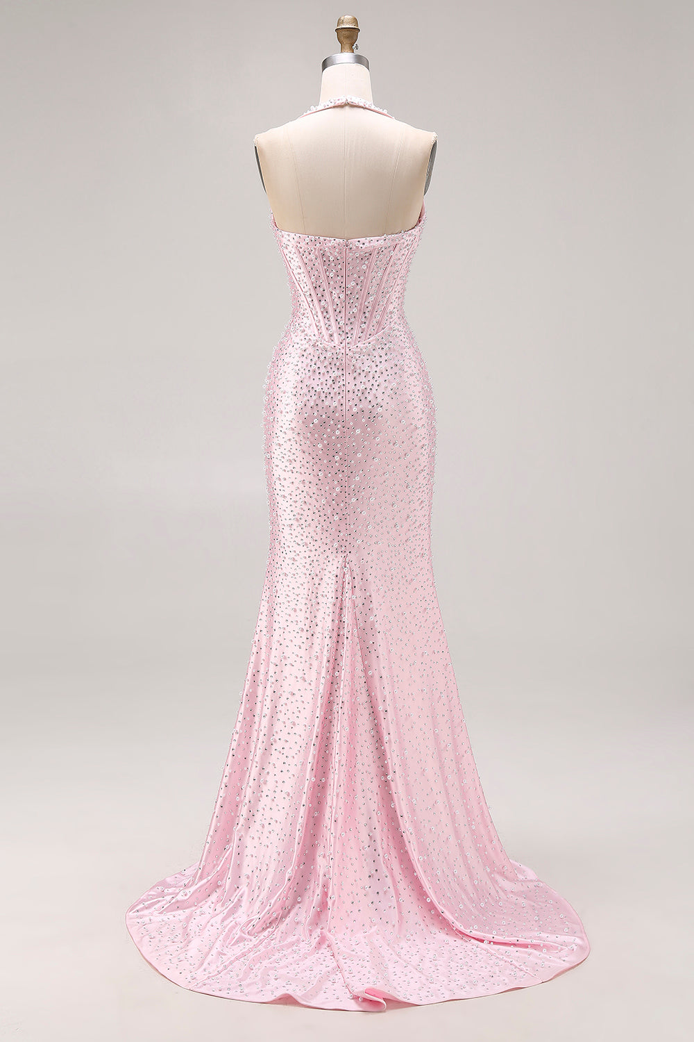 Light Pink Mermaid Beaded Halter Pearl Long Prom Dress with Slit