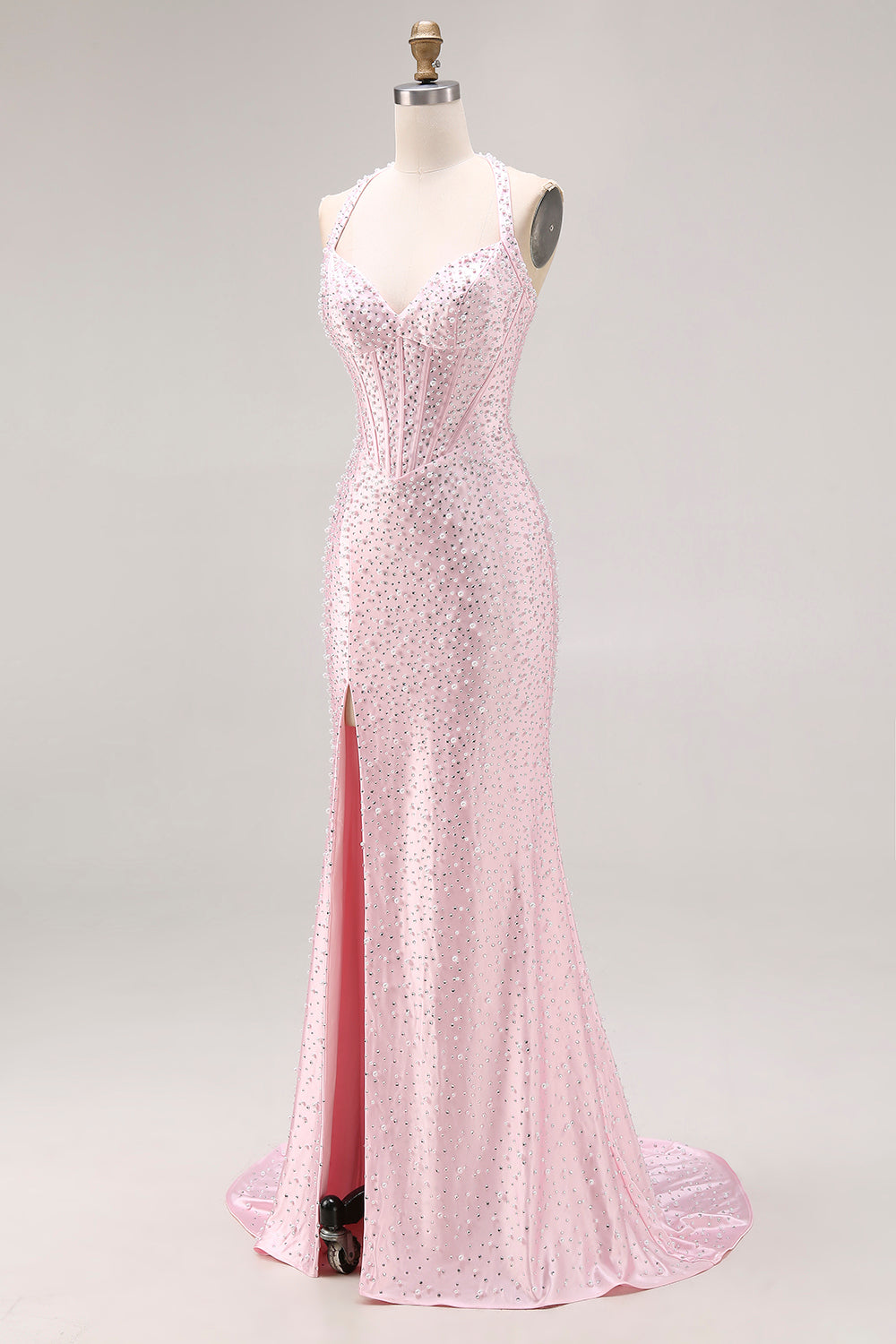 Light Pink Mermaid Beaded Halter Pearl Long Prom Dress with Slit