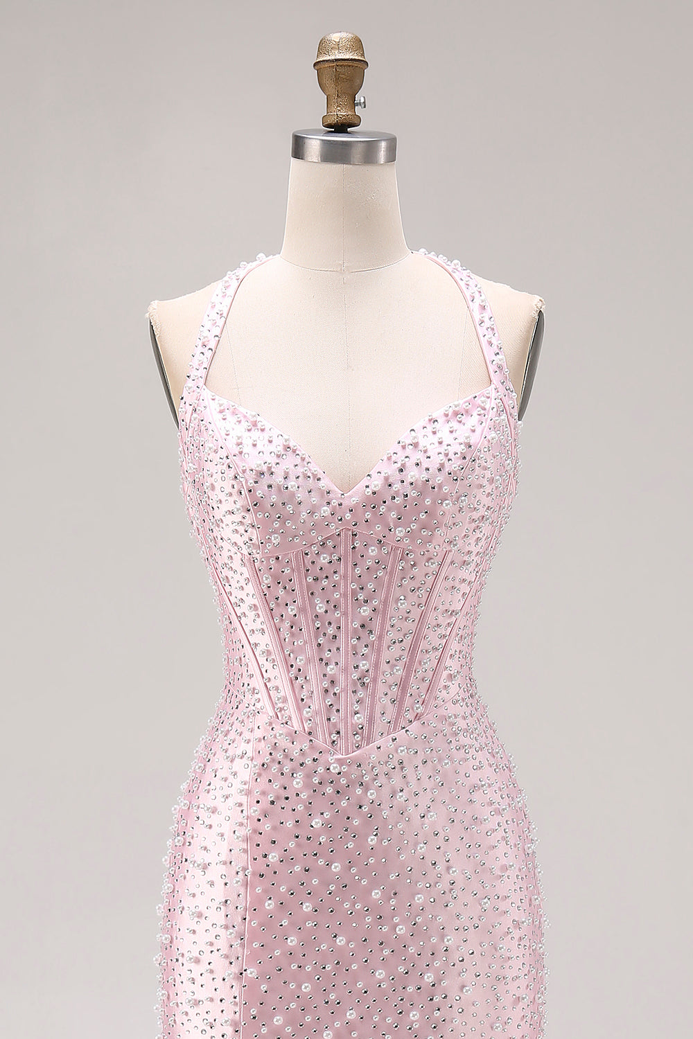 Light Pink Mermaid Beaded Halter Pearl Long Prom Dress with Slit