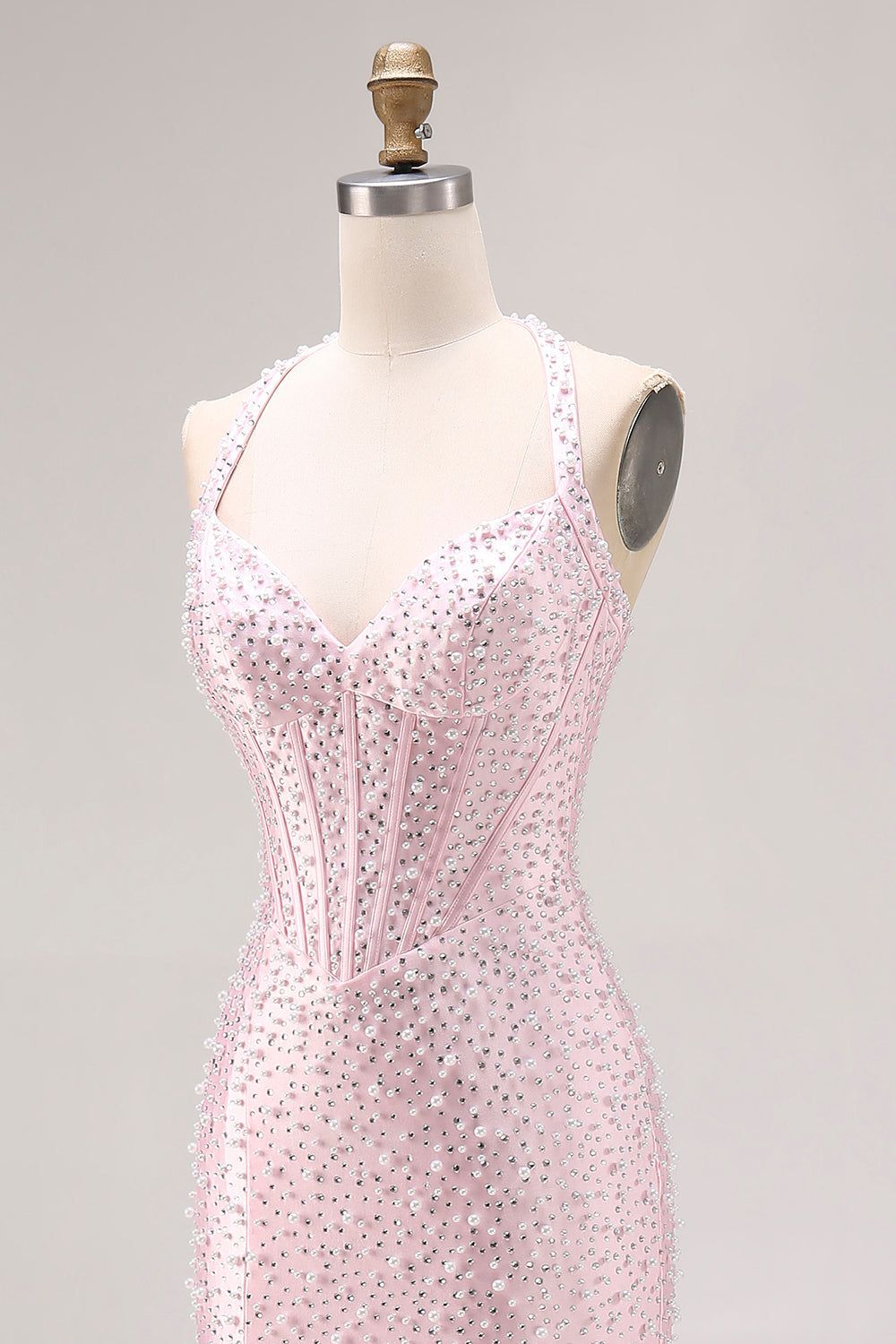 Light Pink Mermaid Beaded Halter Pearl Long Prom Dress with Slit