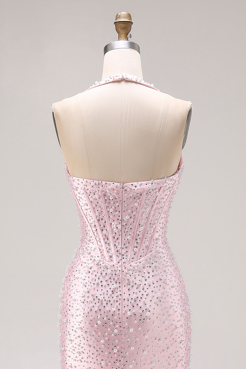 Light Pink Mermaid Beaded Halter Pearl Long Prom Dress with Slit