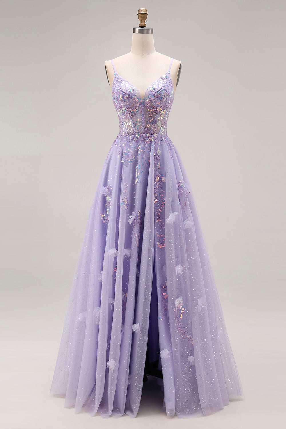 Robe longue de bal de promo trapèze violet clair à perles et paillettes, avec dos lacé et fente
