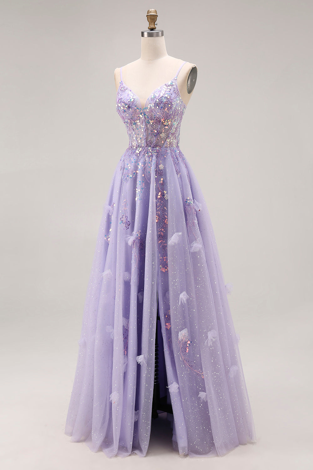 Robe longue de bal de promo trapèze violet clair à perles et paillettes, avec dos lacé et fente