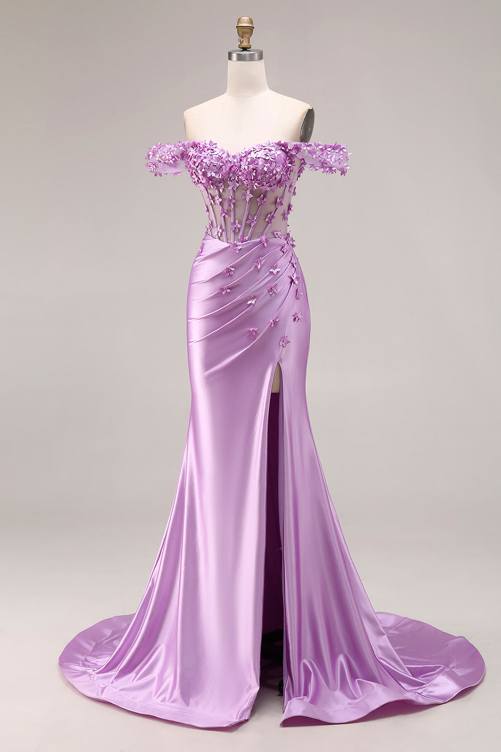 Purple Mermaid Off-the-Shoulder Appliqued Corset Ruched Prom Dress with Slit