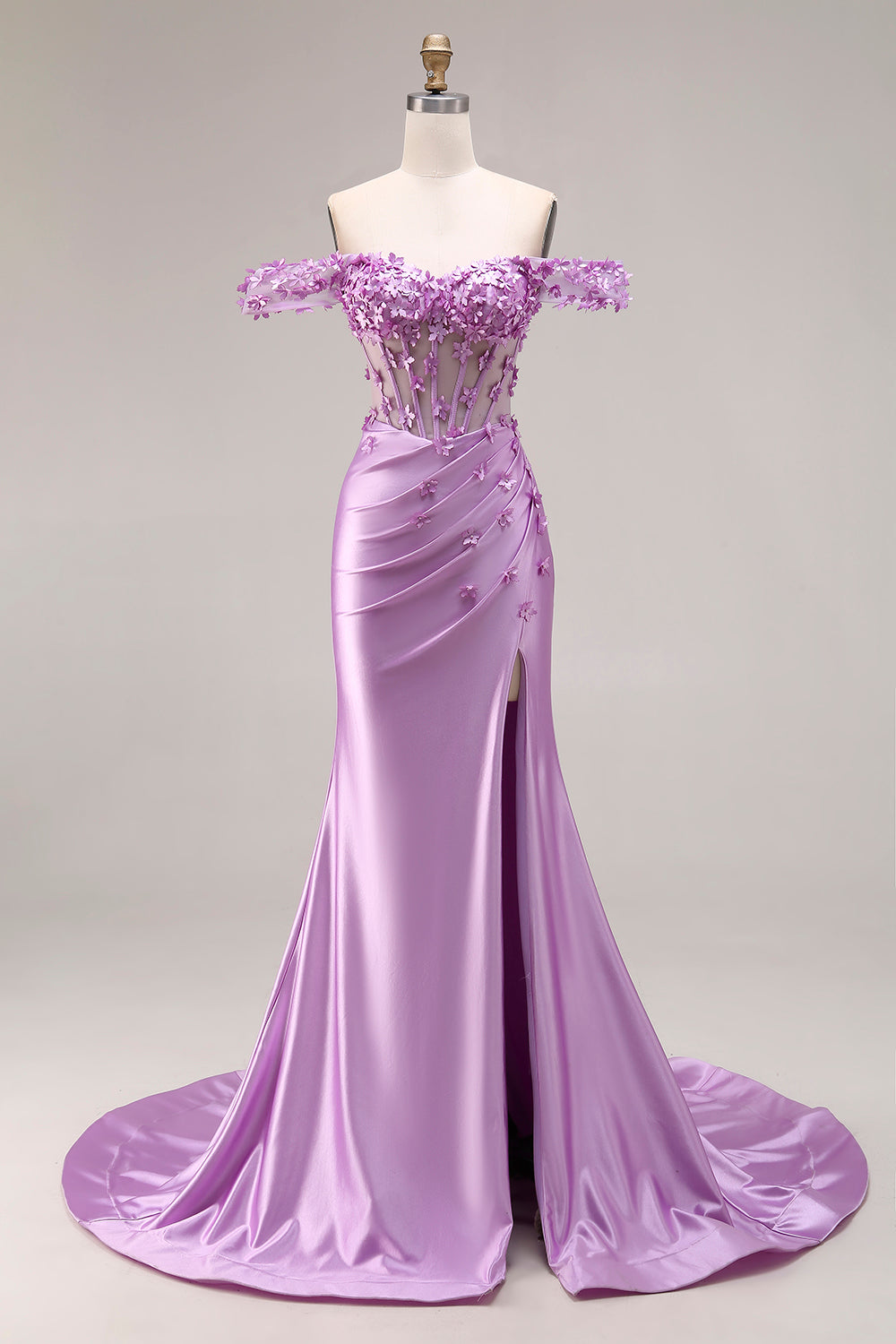 Purple Mermaid Off-the-Shoulder Appliqued Corset Ruched Prom Dress with Slit