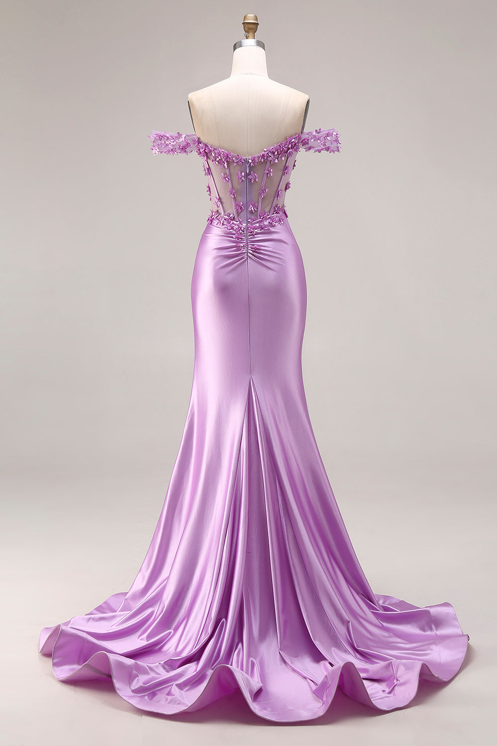 Purple Mermaid Off-the-Shoulder Appliqued Corset Ruched Prom Dress with Slit