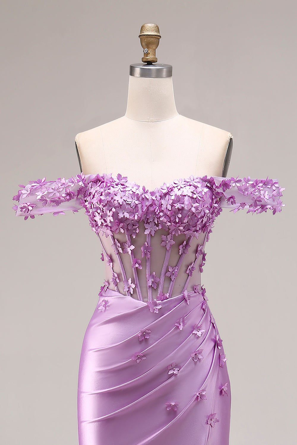 Purple Mermaid Off-the-Shoulder Appliqued Corset Ruched Prom Dress with Slit