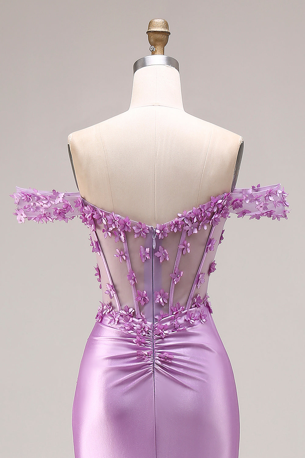 Purple Mermaid Off-the-Shoulder Appliqued Corset Ruched Prom Dress with Slit
