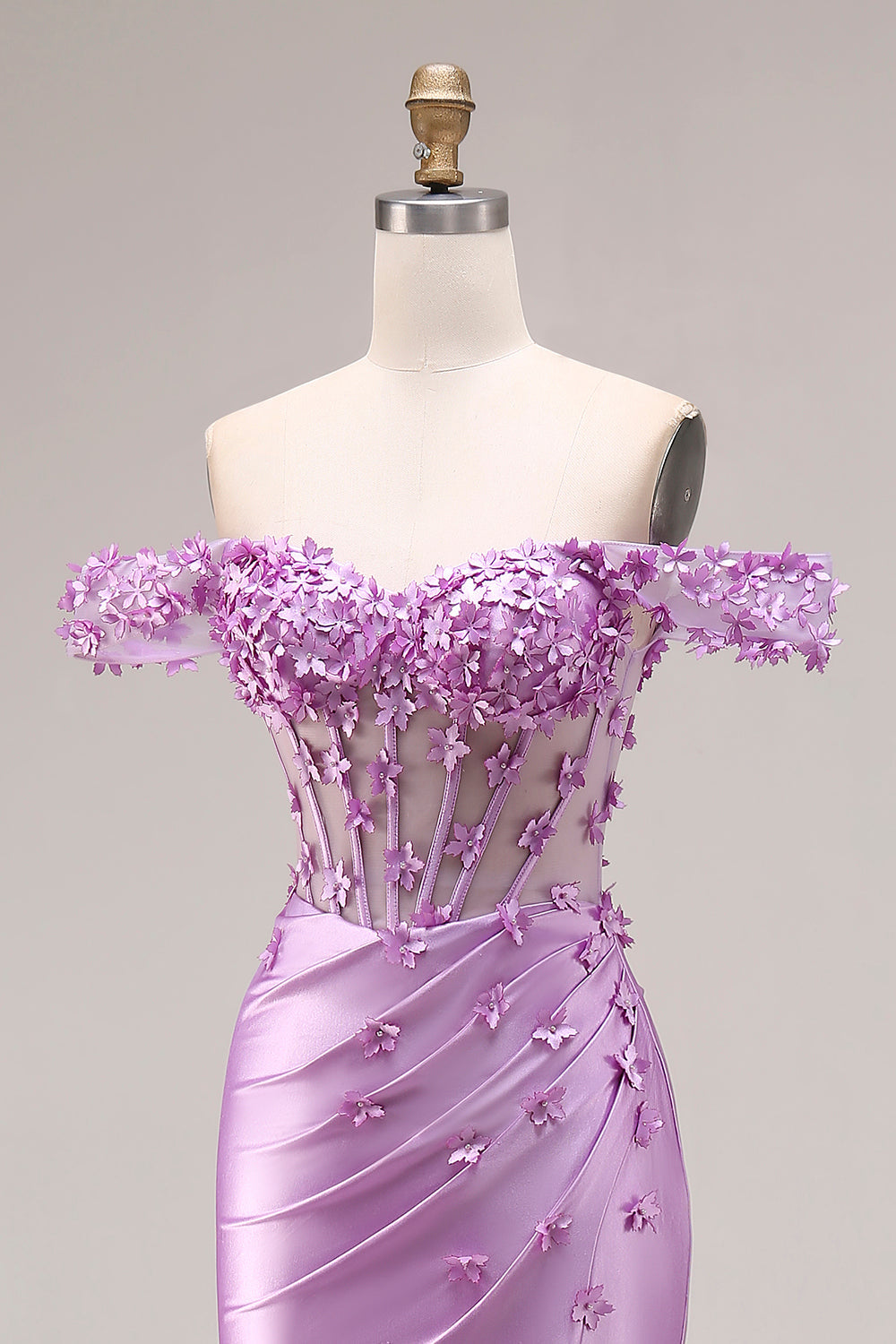 Purple Mermaid Off-the-Shoulder Appliqued Corset Ruched Prom Dress with Slit