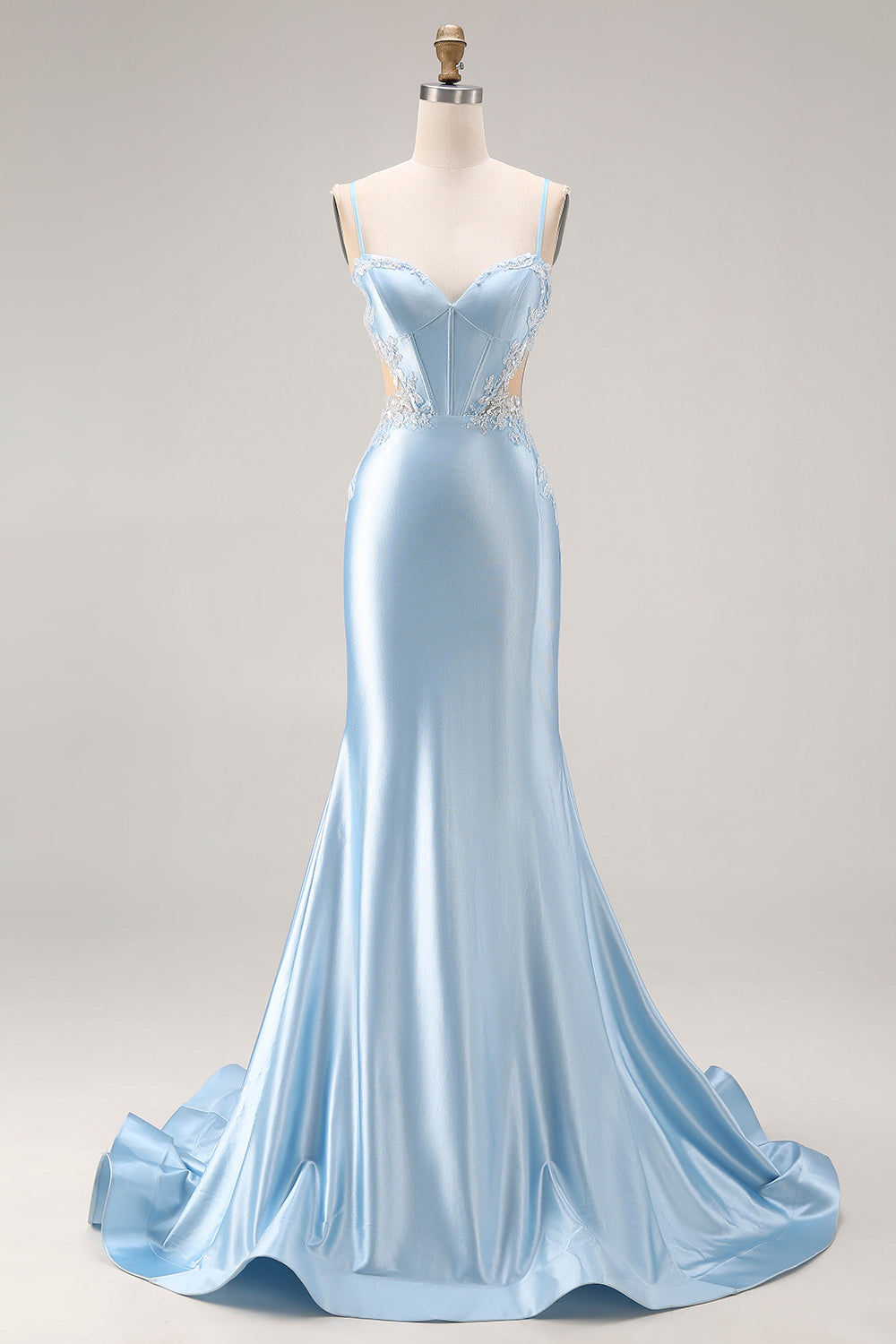 Sky Blue Mermaid Cut-Out Corset Long Satin Prom Dress with Beading