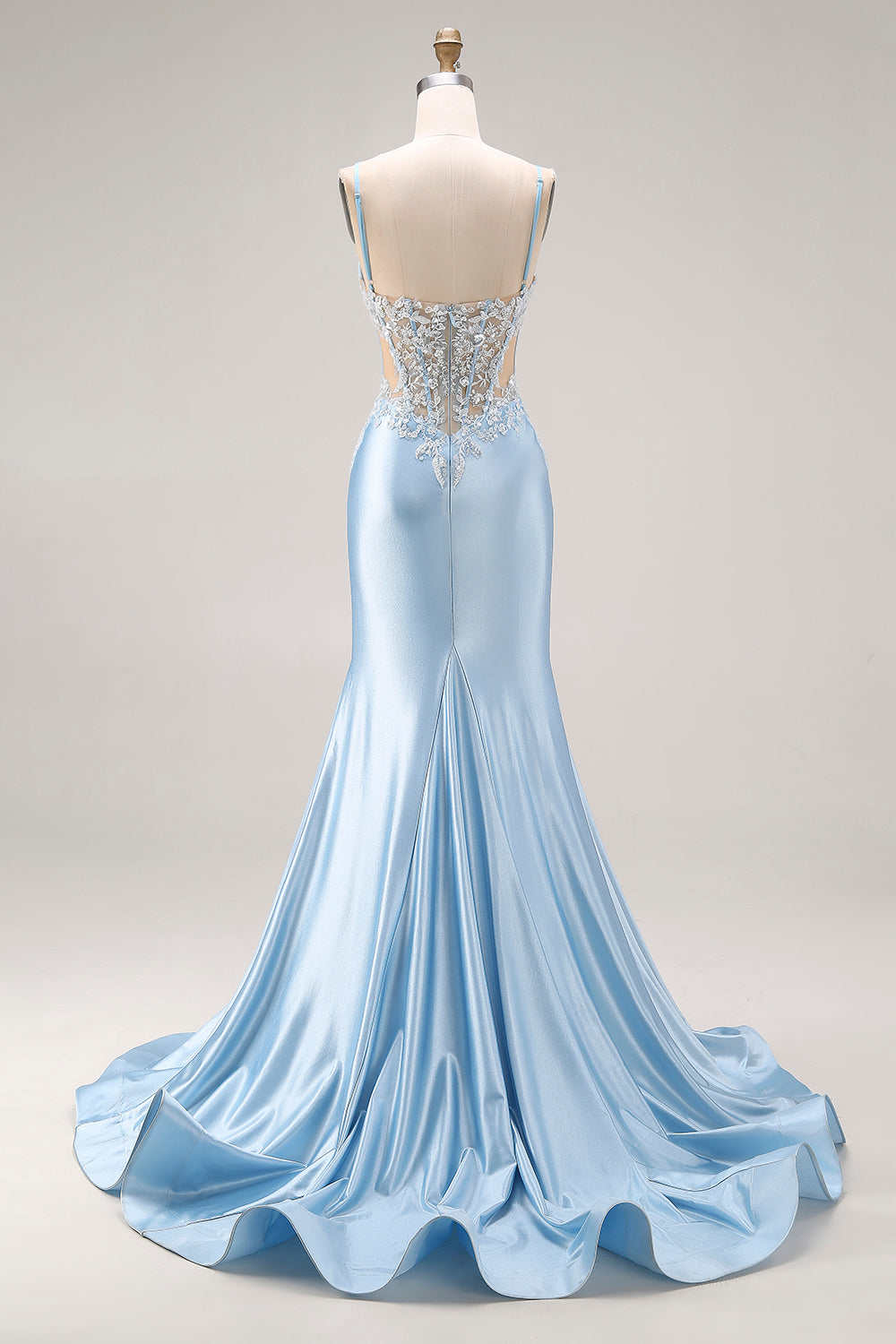 Sky Blue Mermaid Cut-Out Corset Long Satin Prom Dress with Beading