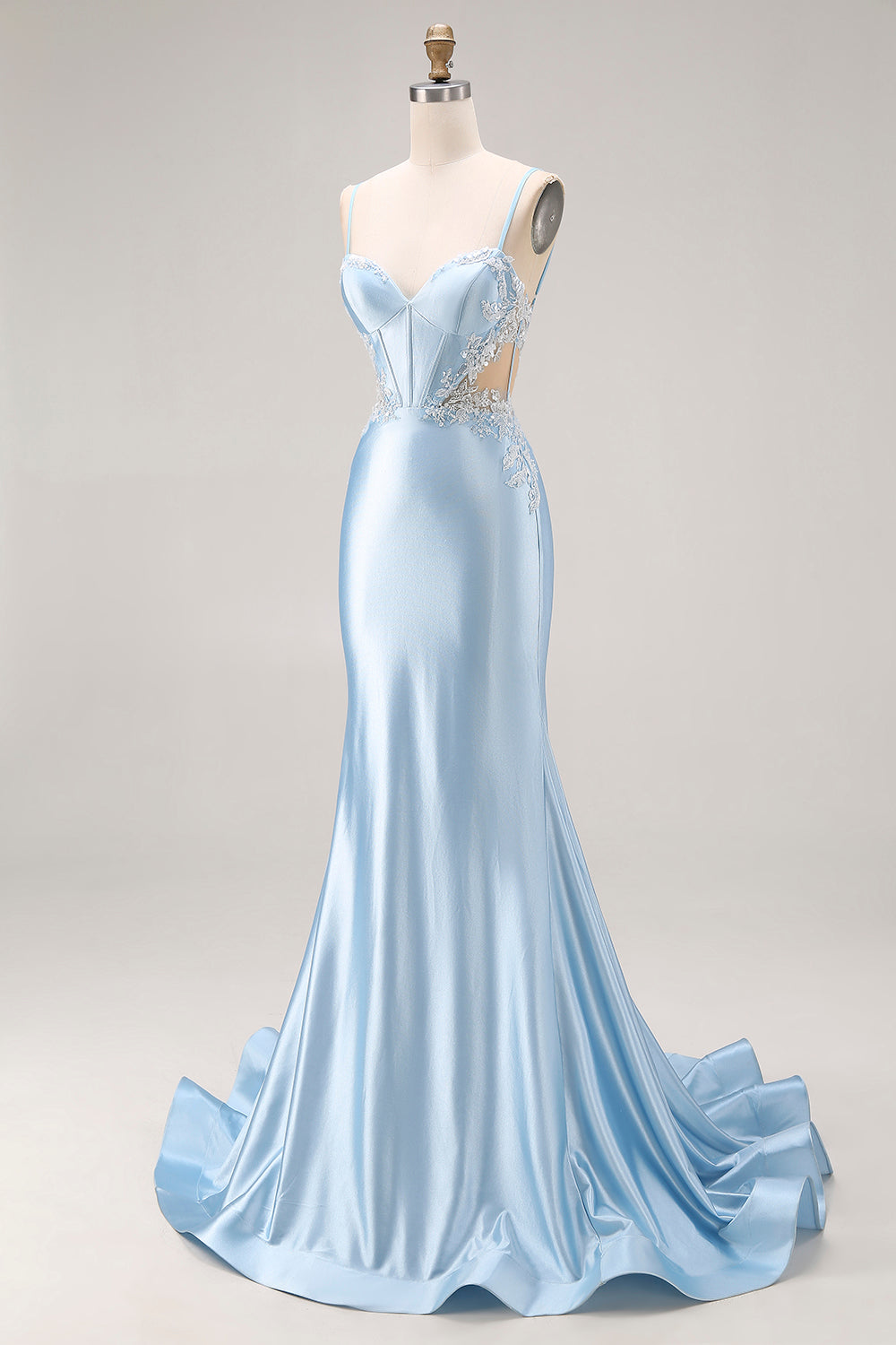 Sky Blue Mermaid Cut-Out Corset Long Satin Prom Dress with Beading