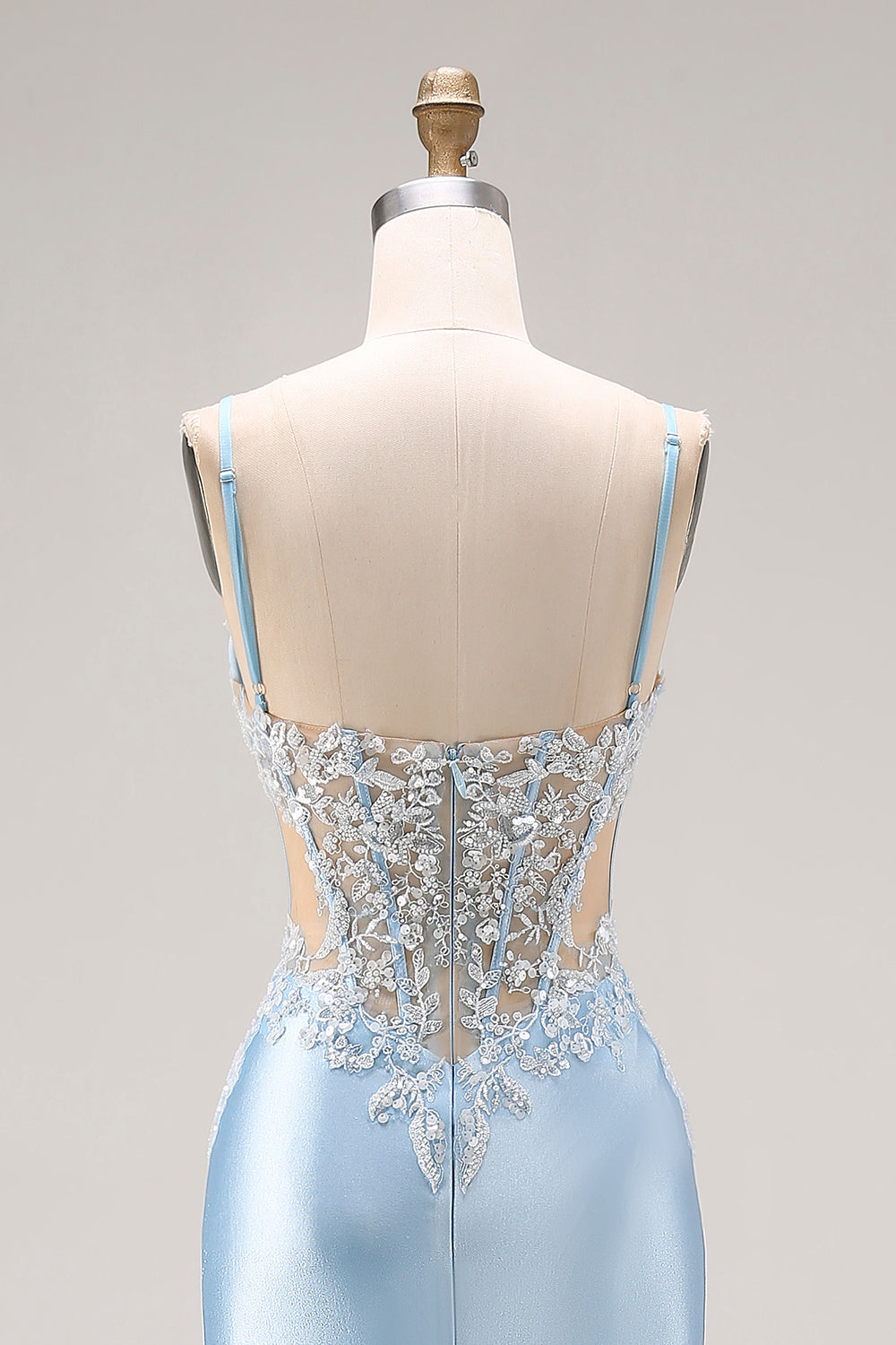 Sky Blue Mermaid Cut-Out Corset Long Satin Prom Dress with Beading