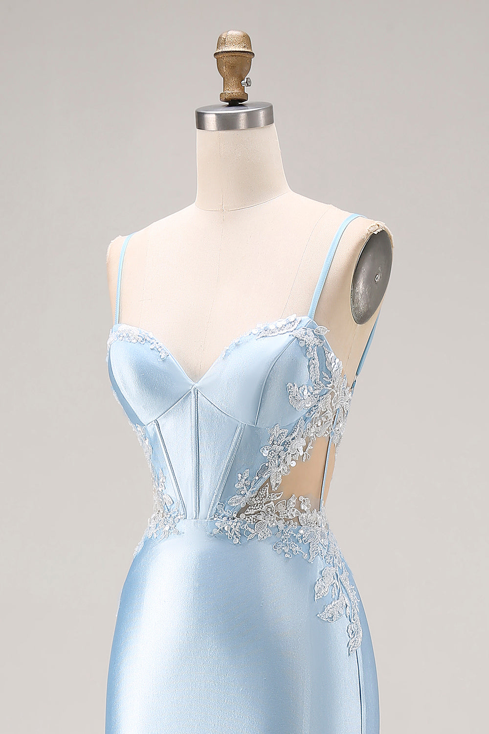 Sky Blue Mermaid Cut-Out Corset Long Satin Prom Dress with Beading