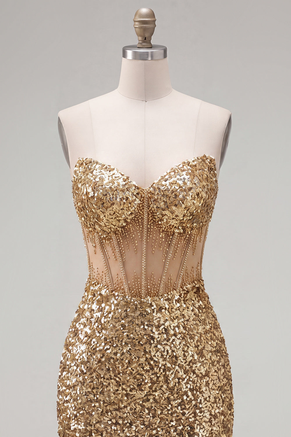Sparkly Golden Bodycon Sweetheart Sheer Corset Sequins Homecoming Dress