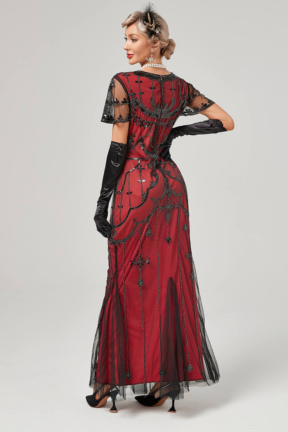 Robe longue noire blush à paillettes des années 20