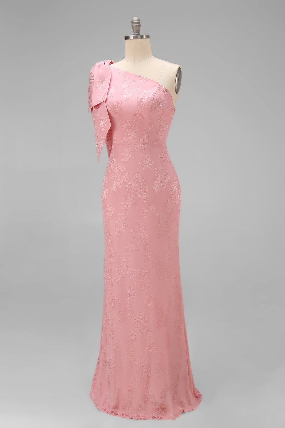 Blush Pink One Shoulder Floral Mermaid Long Bridesmaid Dress with Bow