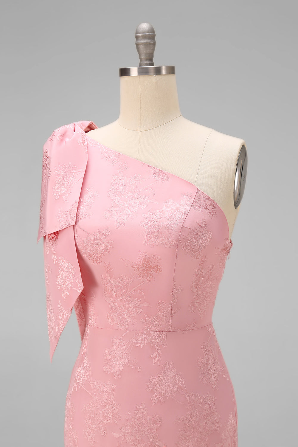Blush Pink One Shoulder Floral Mermaid Long Bridesmaid Dress with Bow