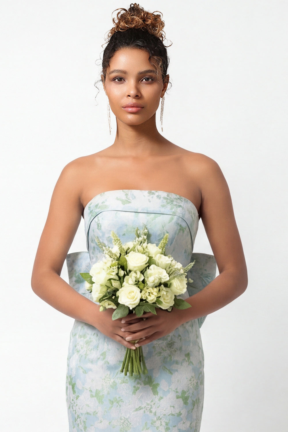 White Blue Floral Strapless Printed Mermaid Long Bridesmaid Dress with Bow