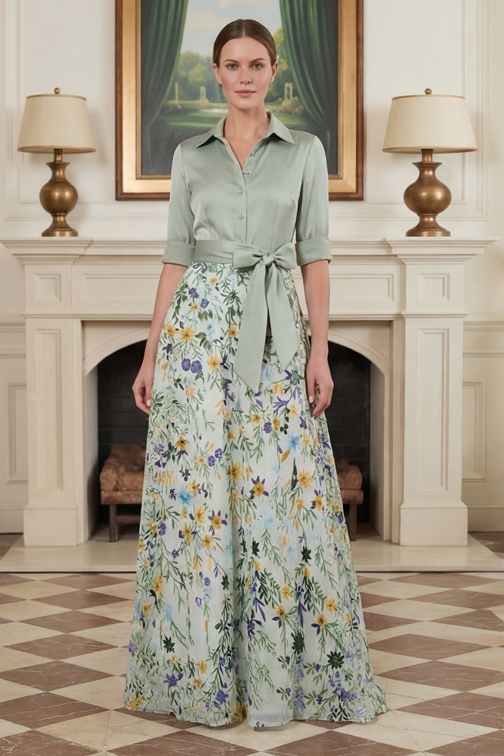 Robe de mère de la mariée évasée imprimée vert sauge avec manches
