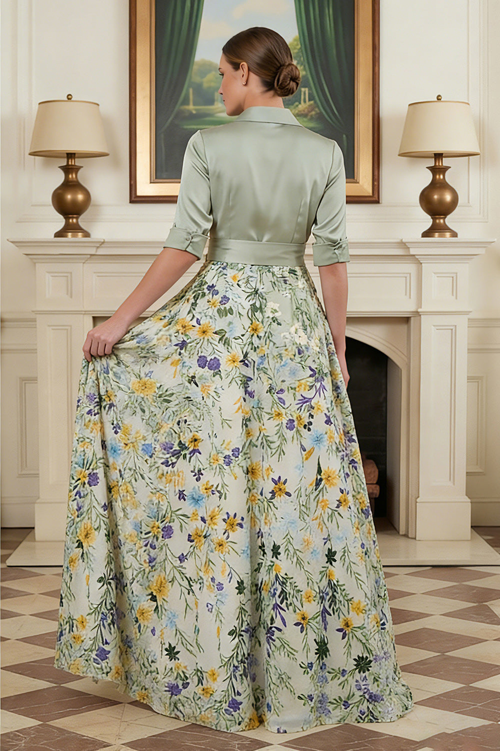 Robe de mère de la mariée évasée imprimée vert sauge avec manches
