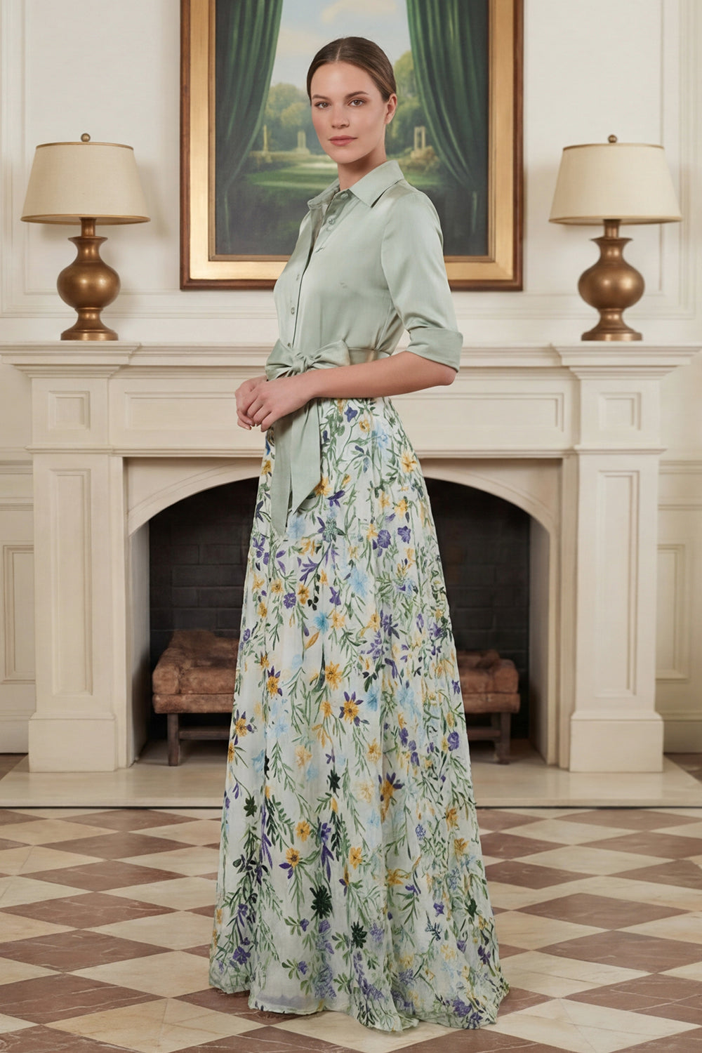 Robe de mère de la mariée évasée imprimée vert sauge avec manches