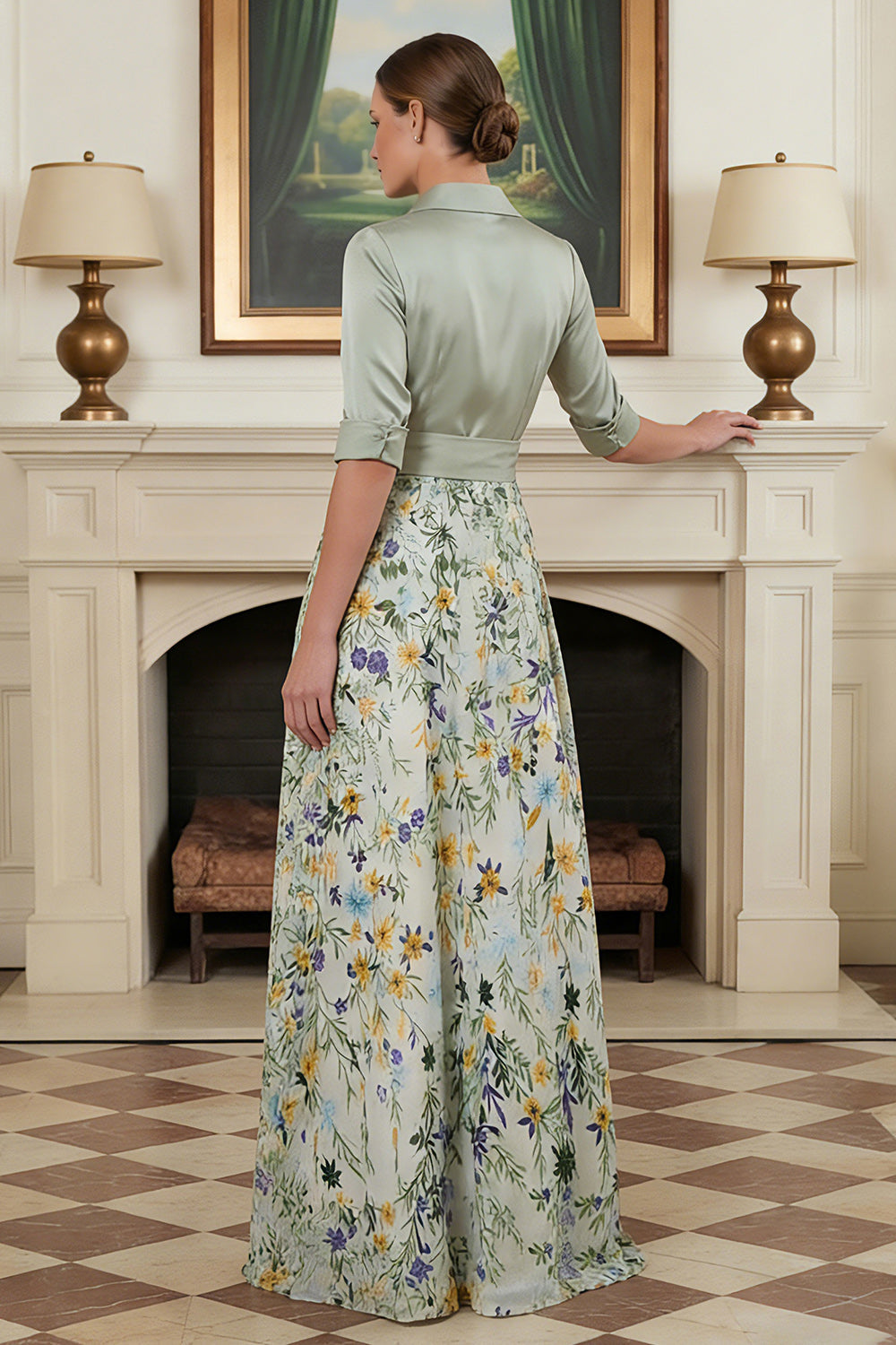 Robe de mère de la mariée évasée imprimée vert sauge avec manches