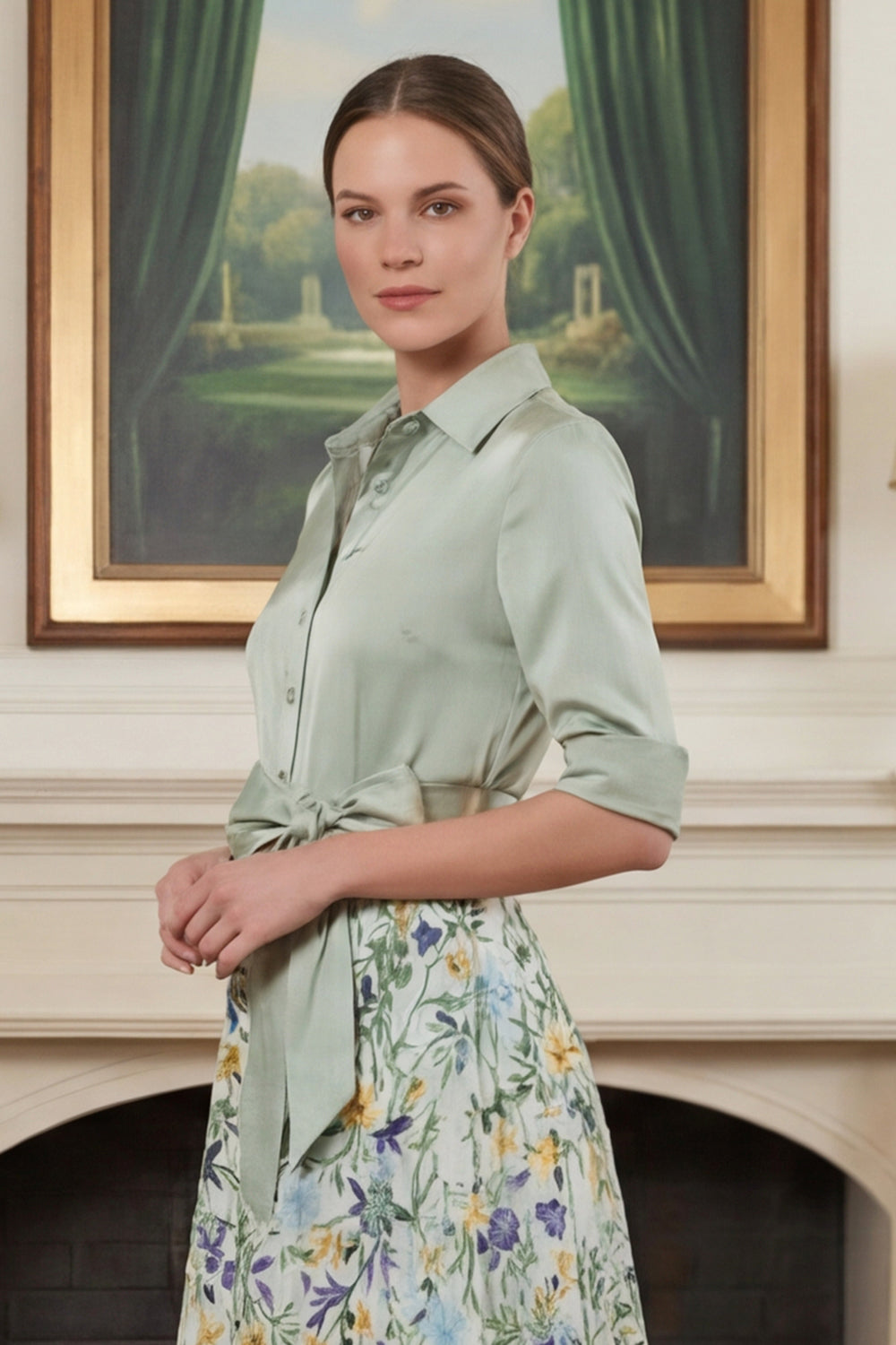 Robe de mère de la mariée évasée imprimée vert sauge avec manches