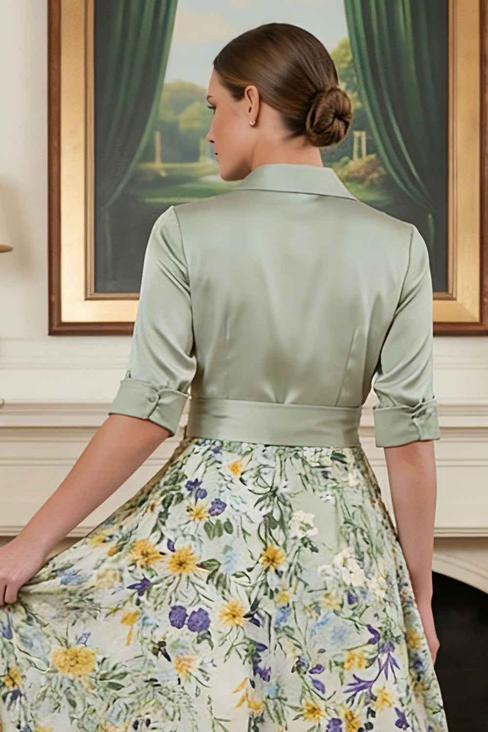 Robe de mère de la mariée évasée imprimée vert sauge avec manches