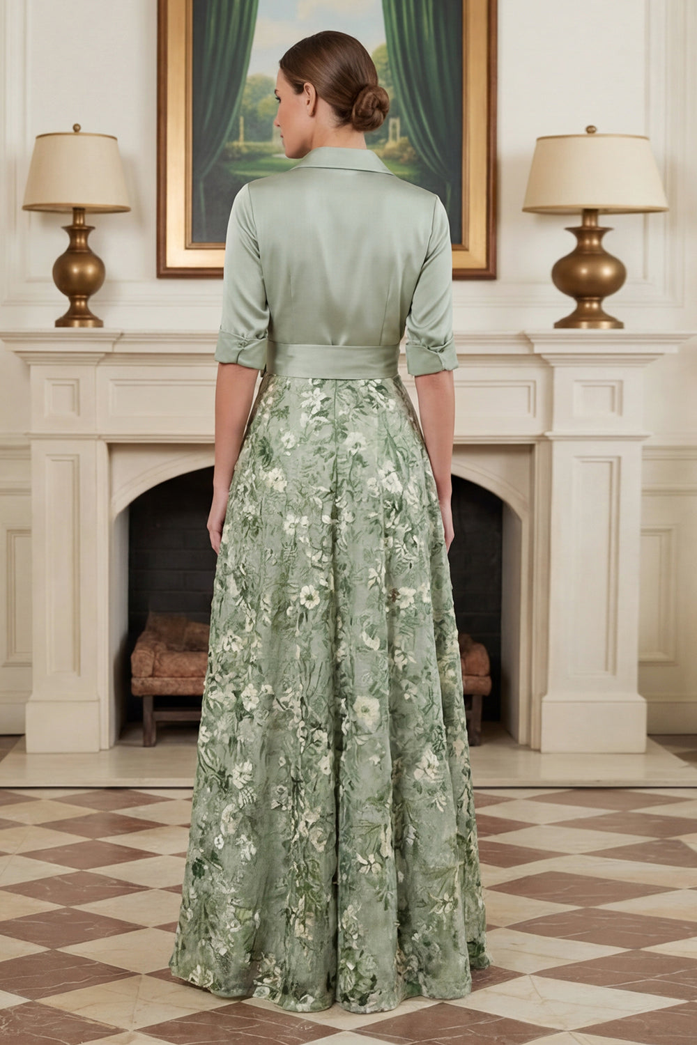 Printed Sage Green A Line Mother of the Bride Dress with Bow