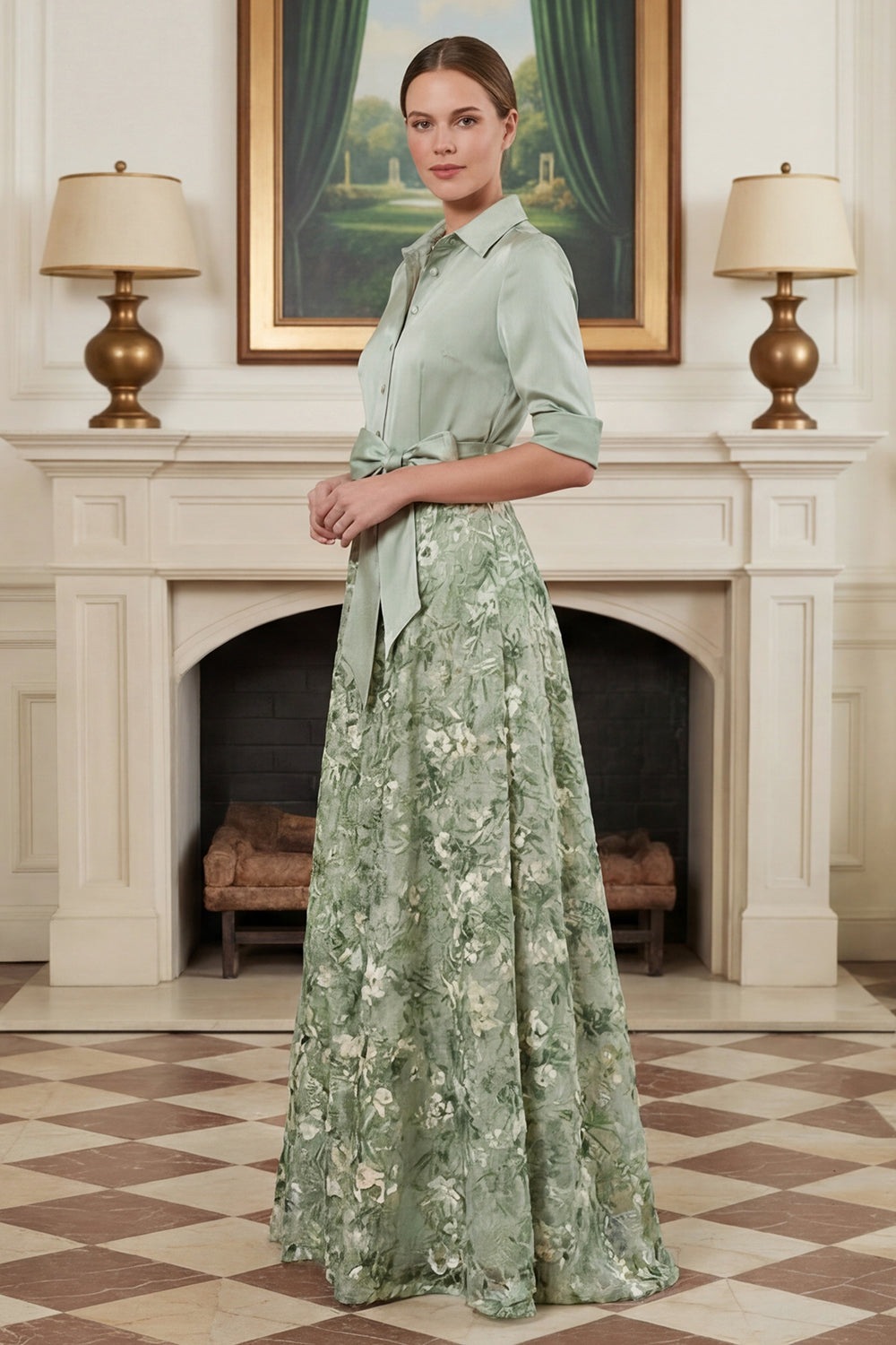 Printed Sage Green A Line Mother of the Bride Dress with Bow