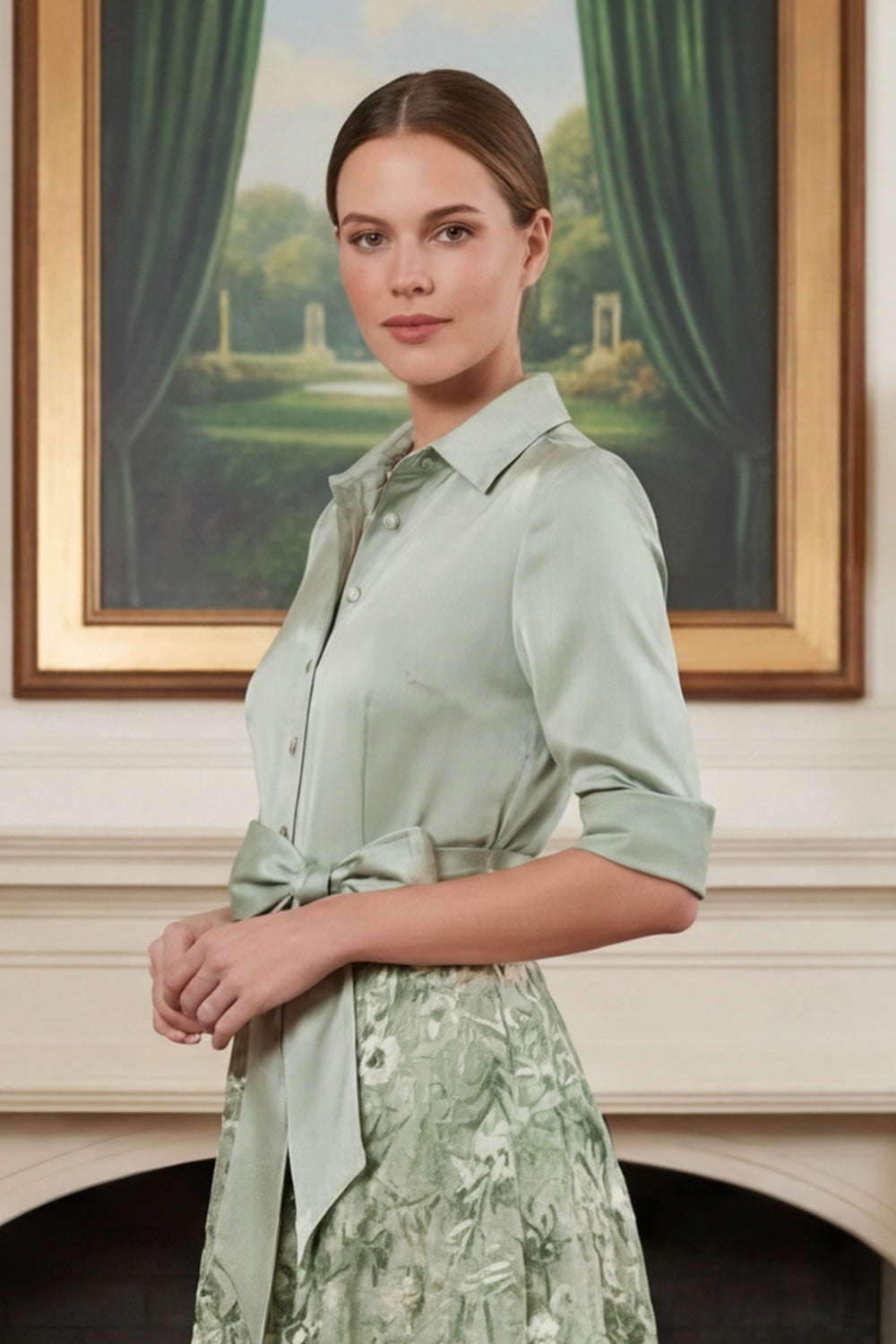 Printed Sage Green A Line Mother of the Bride Dress with Bow