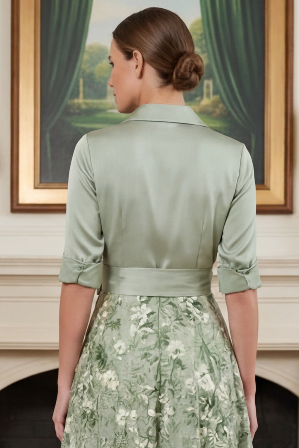 Printed Sage Green A Line Mother of the Bride Dress with Bow