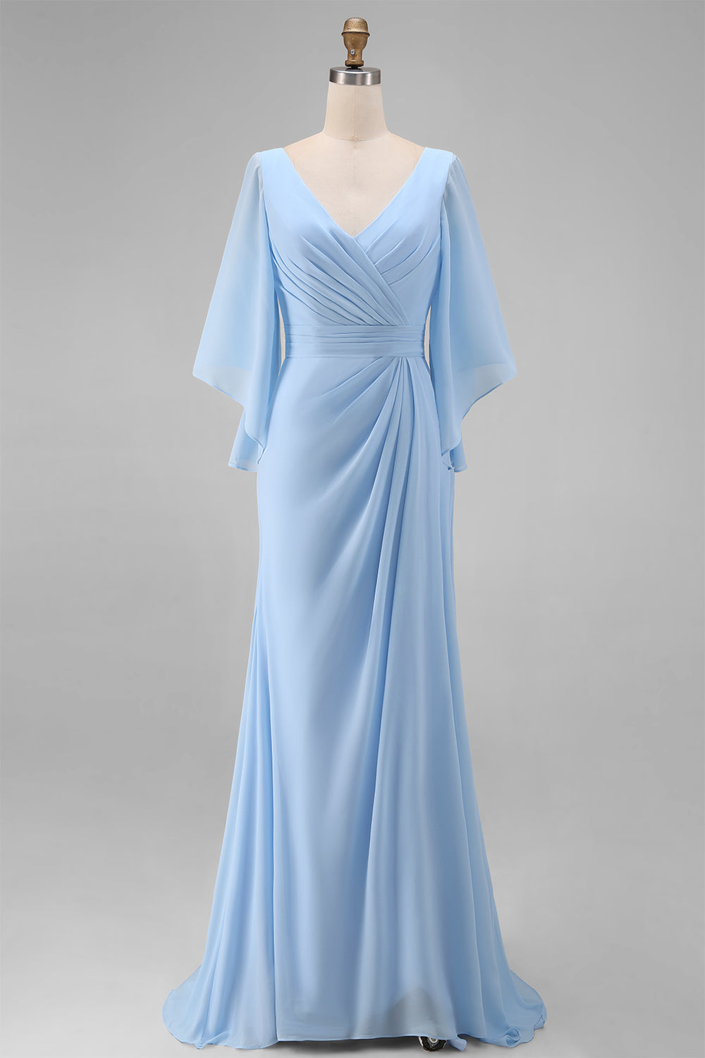 Sky Blue Chiffon A-Line V-Neck Ruched Mother of the Bride Dress with Sleeves