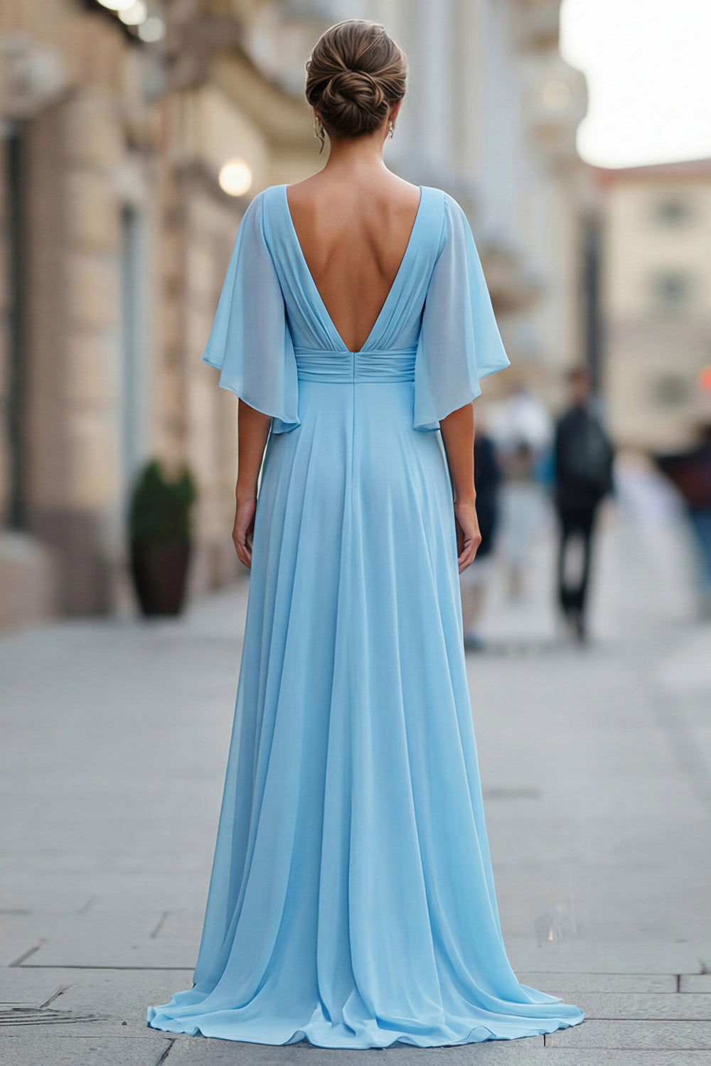 Sky Blue Chiffon A-Line V-Neck Ruched Mother of the Bride Dress with Sleeves