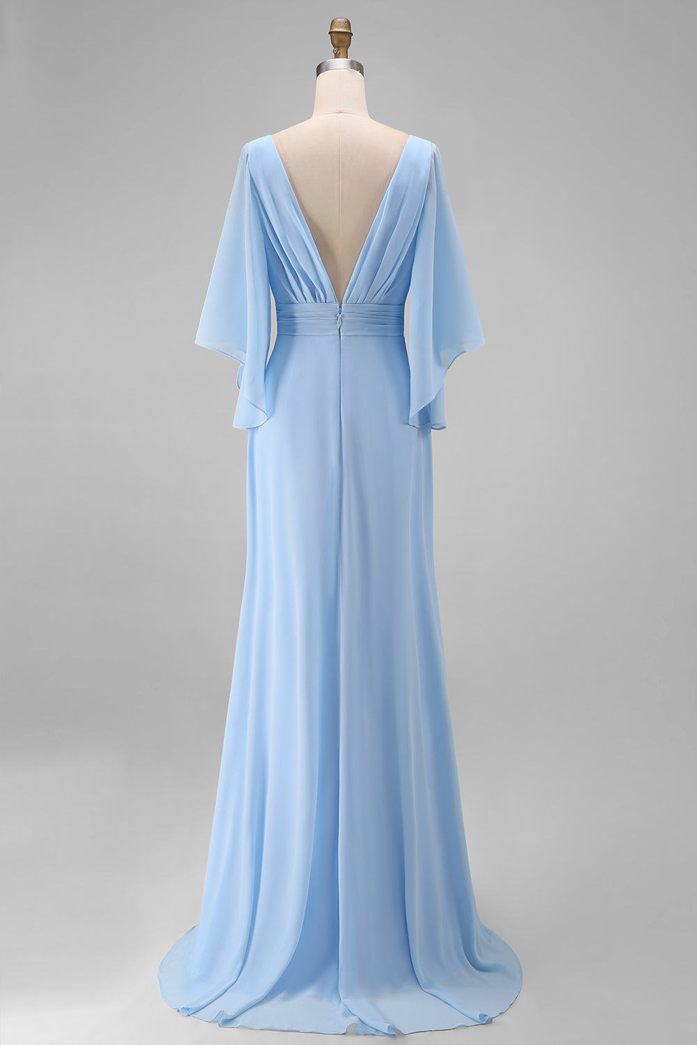 Sky Blue Chiffon A-Line V-Neck Ruched Mother of the Bride Dress with Sleeves